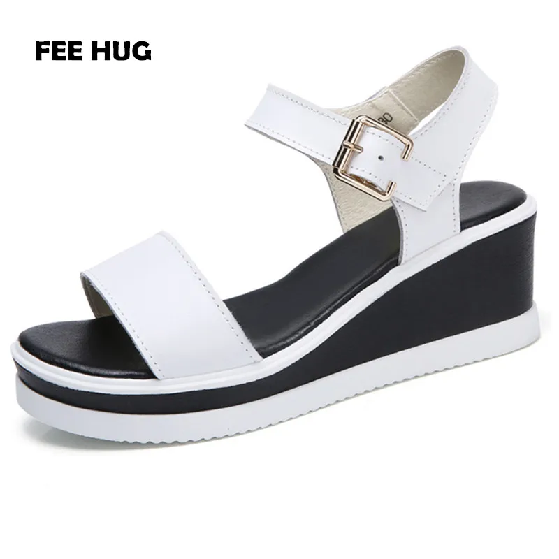 FEE HUG Women's Wedge Sandals Soft Pu Leather Summer Woman Platform ...