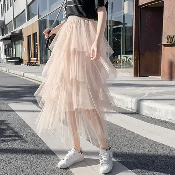 

Harajuku Pink Mesh Long Skirts Womens Faldas Elastic Pleated Skirt Women Clothes Streetwear Maxi High Waist White Skirts Q1175