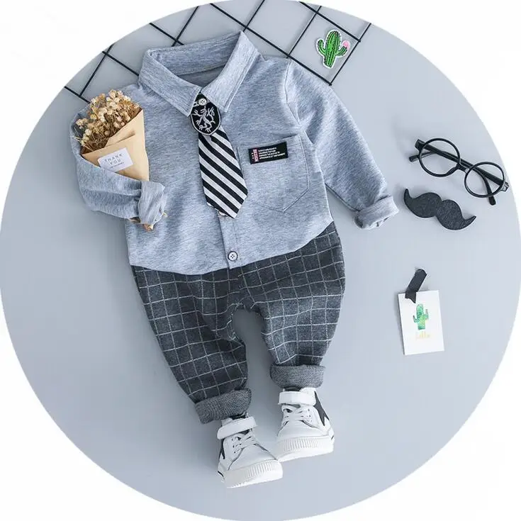 HYLKIDHUOSE/осенние комплекты одежды для мальчиков Комплекты одежды для малышей рубашка с отворотами штаны в клетку Детские костюмы в джентльменском стиле - Цвет: Серый