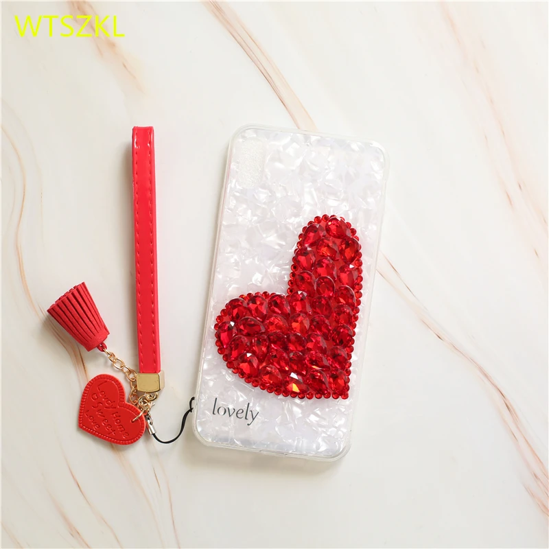 

Love Heart Patterned Case For iPhone 6 6S 7 8 Plus X XS Max XR Diamond Lanyard Mobile Phone Shell Soft Back Covers Coque