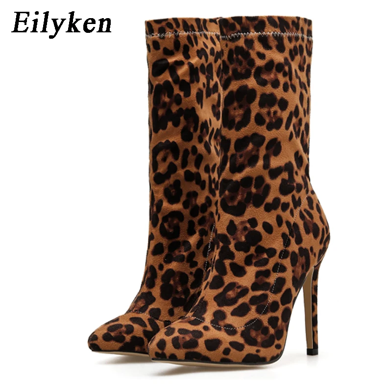 

Eilyken 2019 New Winter Fashion Leopard Print High Heesl Women Boots Pointed Toe Footwear Female Party For Woman shoes