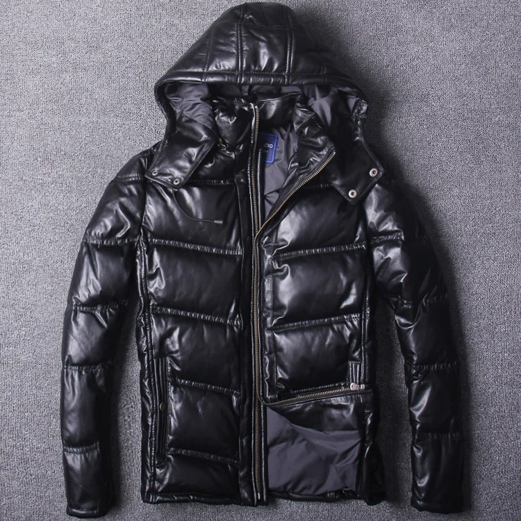 

Men's Sheep Skin Genuine Leather Down jacket Thick Hat Detachable White Duck Down Short Stand Collar lapel Slim Fit Winter Coat