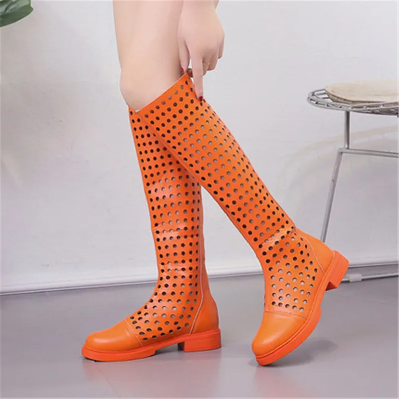 

Hollow hole 4cm High heel Summer Knee-High Boots 2019 Stylish Candy Color Square heel sandals Women Back Zipper Martin boots