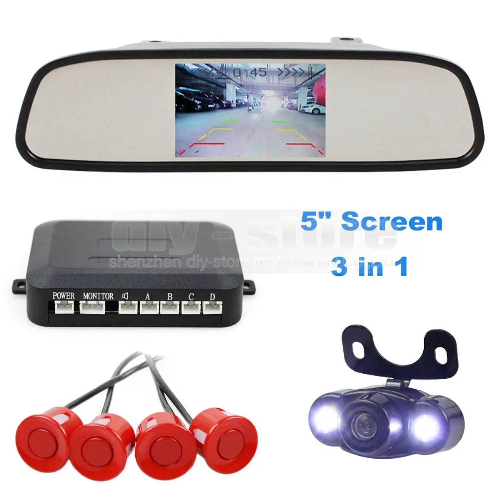 DIYKIT 4 Sensors 5 Inch Rear View Car Mirror Monitor + Video Parking Radar + LED Rear View Car Camera Parking Assistance System