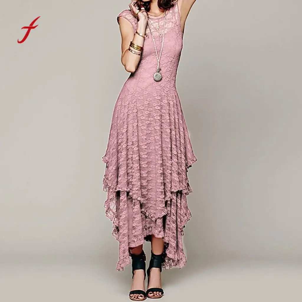 Женское однотонное платье Boho с асимметричным кружевом сексуальное двойное