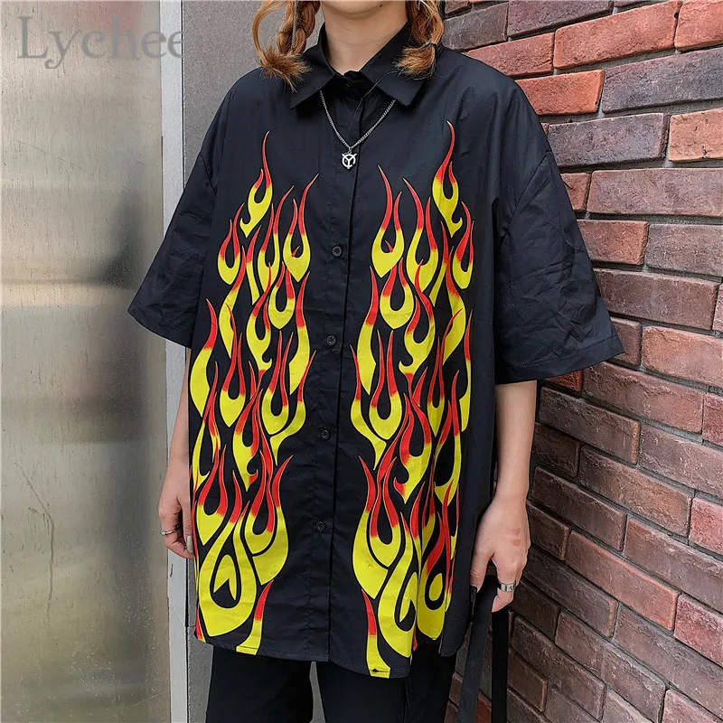 Lychee Harajuku женская блузка с принтом пламени рубашка отложным воротником короткий