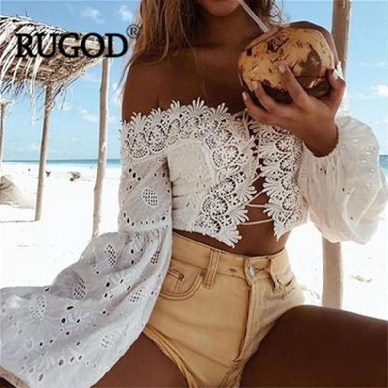 Женская футболка с вырезом лодочкой RUGOD однотонная облегающая вышивкой и