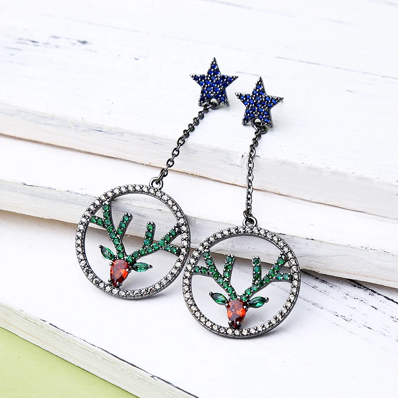 

Fashion Jewelry Cute Crystal Reindeer Circle Round Drop Earrings For Women Girl Long Star Earrings Gift Accessories In Box