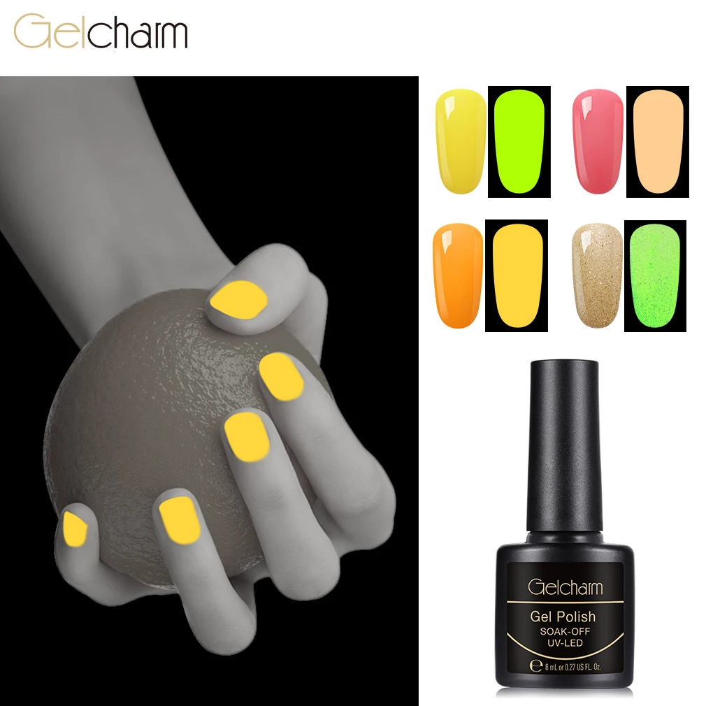 

8ml Night-glow Gel Polish In Dark 24 Candy Colors Soak Off UV Gel Varnish for Stamping Top Base Coat Painting Lacquer GelCharm