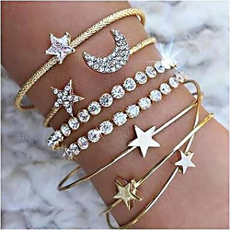 

2019 New Fashion Four Sets of Gold Silver Bracelet for Women Stars and Moon Shine Crystal Bracelet Fashion Jewelry VB839