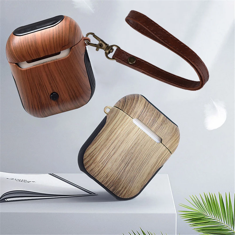 Retro Wood Texture PC Case for AirPods Classic Protective Case for Air Pods Bluetooth Wireless Headset Hard Shell With Strap