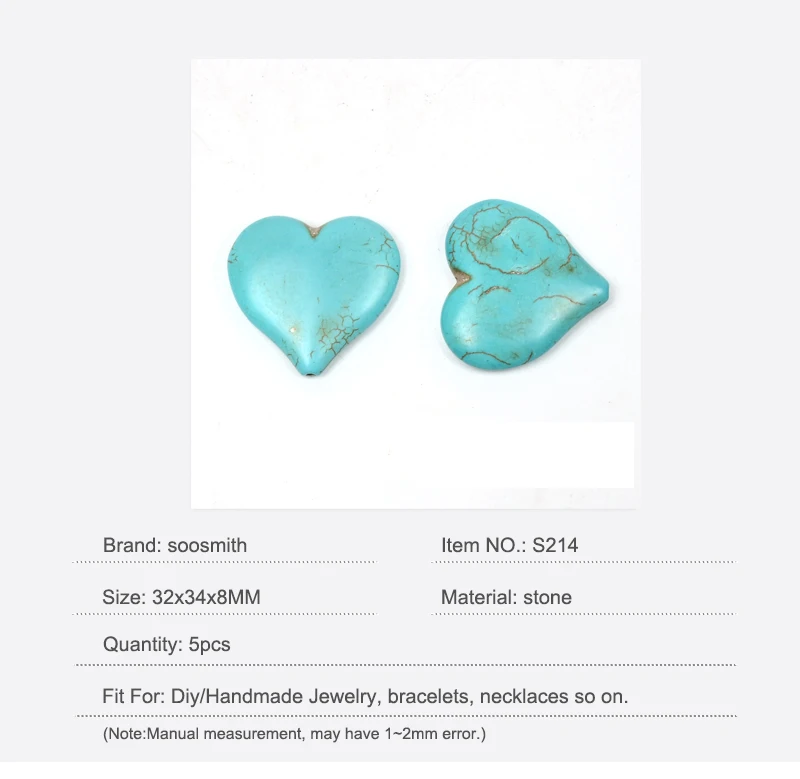 soosmith 5PcsPack Blue Big Heart Shape Natural Stone Loose Howlite Beads For Jewelry Making Handmade Turquoises Diy Craft Gifts (1)