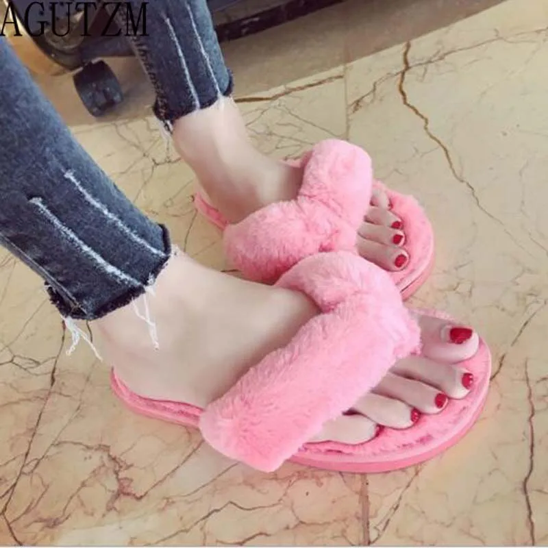 AGUTZM Winter Fashion Women Home Slippers Faux Fur Warm Shoes Woman Slip on Flats Female Fur Flip Flops Pink Plus Size 36-41 190