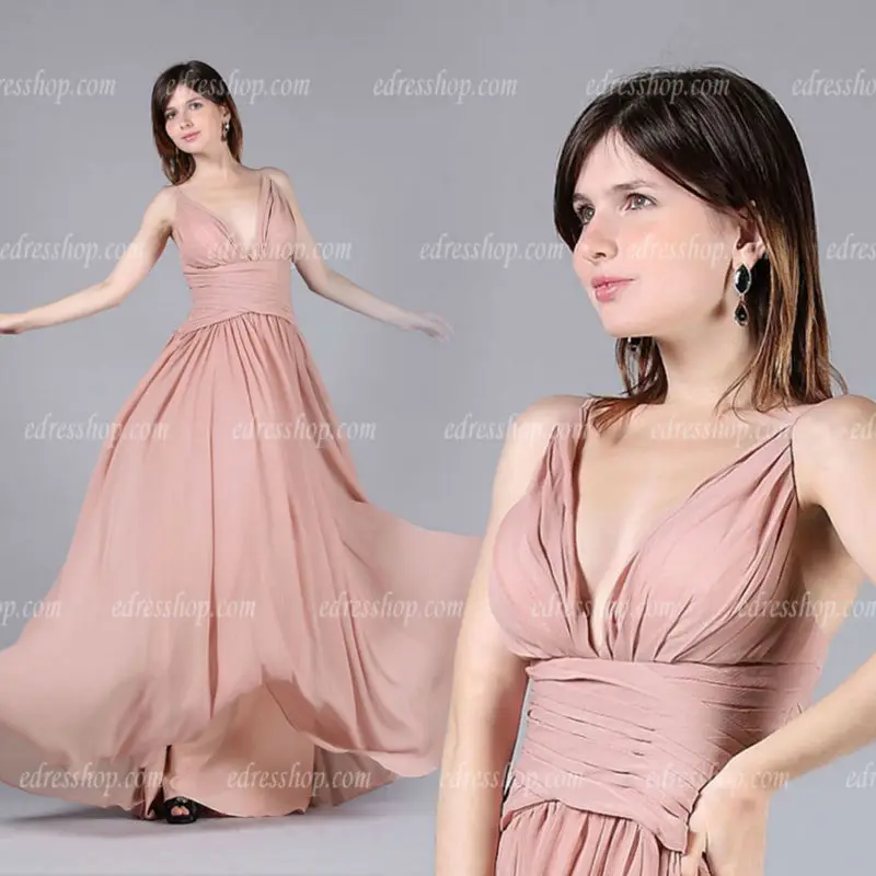 V Neck Dusty pink Prom dresses Chiffon long formal Bridesmaid dresses