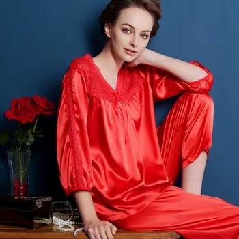 

2016 Spring Autumn Lace V-Neck Night Pajama Sets Women'S Red Sexy Elegant Sleep Red Pajama Night Wear Silk Home Pajama Sets