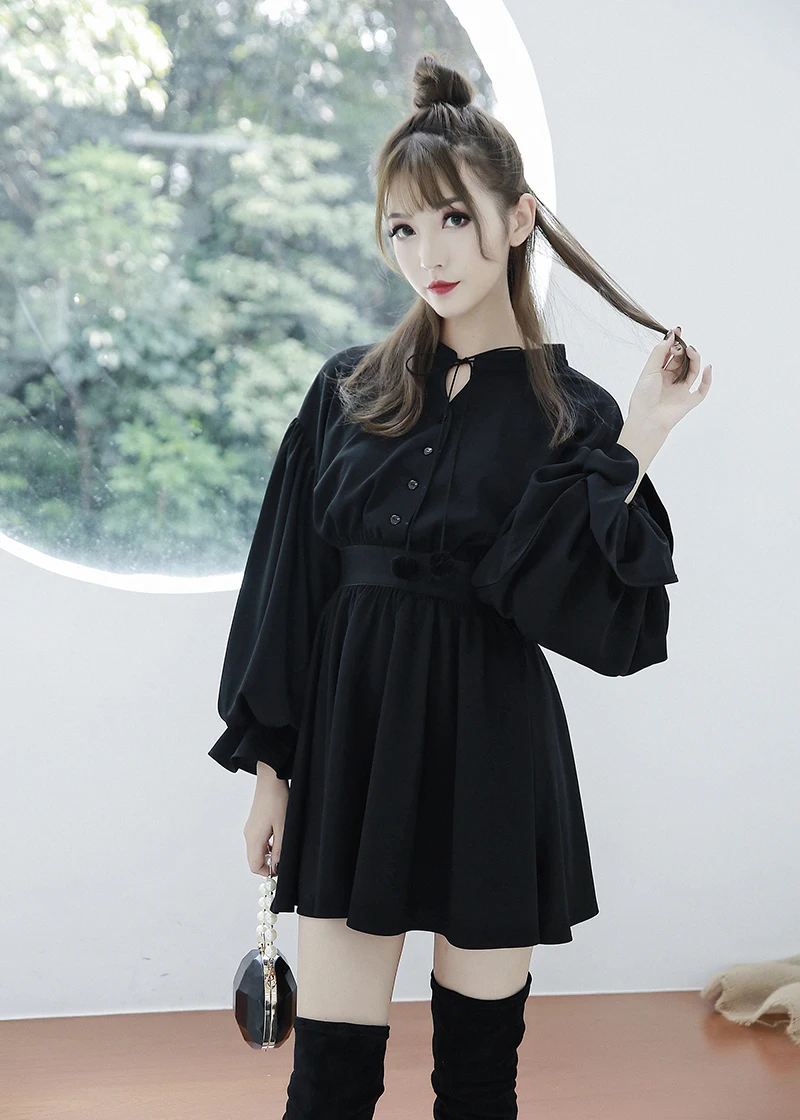 

New Arrival Gothic Girls Dresses Chest Hollow Out Lace Up Collar Sexy Women Dresses Long Sleeve A Line Black Punk Dress