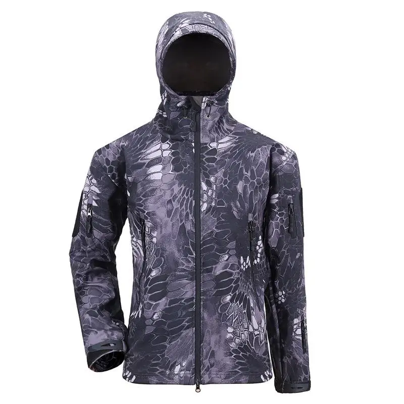 Мужская камуфляжная водостойкая тактическая флисовая куртка с капюшоном для улицы, мужская спортивная куртка для кемпинга, походов, альпинизма, куртки с флисовой подкладкой - Цвет: Black crepe
