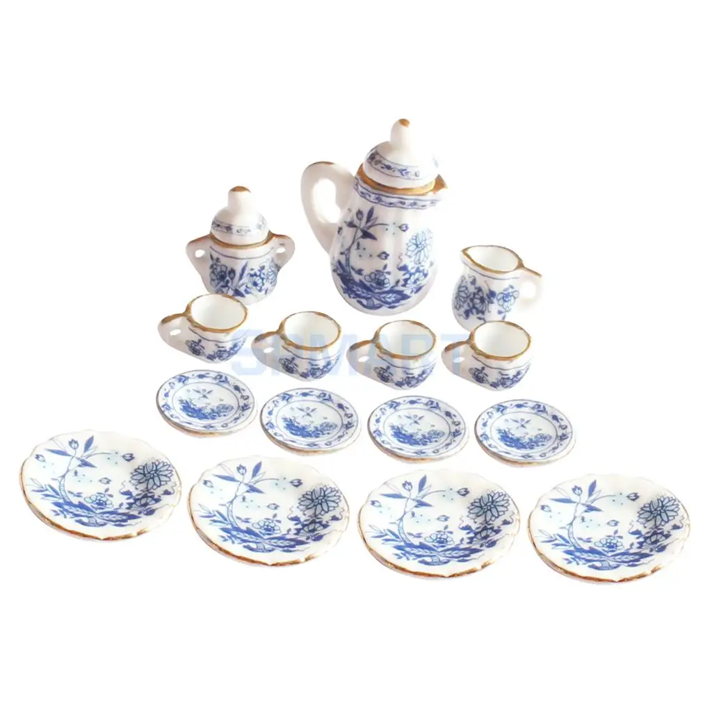 15 штук куклы миниатюрный дом столовая посуда фарфоровый чайный сервиз горшок блюдо чашка тарелка синий цветок