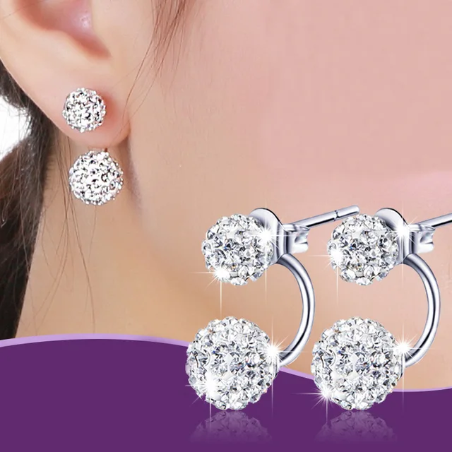 Fashion 925 Sterling Silver Stud Earrings Luxury CZ Crystal Double Sided Earrings Women Ear