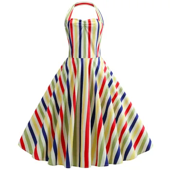 

Elegant Striped Women Dress Summer High Waist Halter Sexy Party Dress 2020 Robe Femme Vestido Vintage Swing Midi Dress Plus Size
