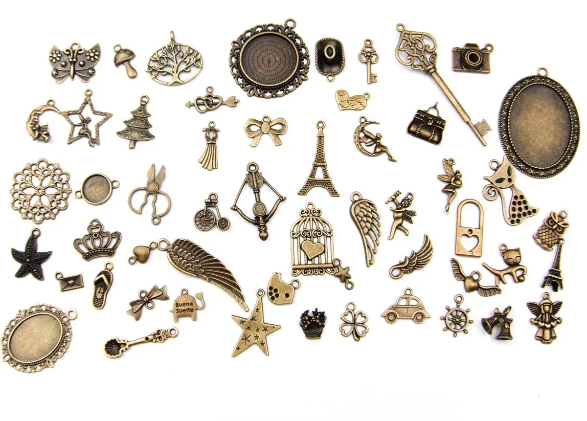 250pcs Mix Charms Collection, Antique Bronze Charm Pendants Vintage