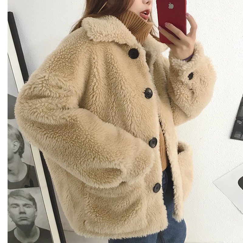 Sale Women Wool Coats 2018 Fashion Winter Lambs Fur Loose Big Code 100%Wool  Overcoat   Fur Multiple Colors 4