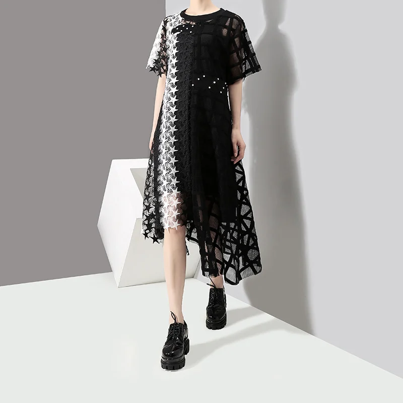 

OCEANLOVE Plaid Lace Patchwork Long Women Dress Short Sleeve Irregular Asymmetric Dresses Summer New Design Lady Vestido 10012