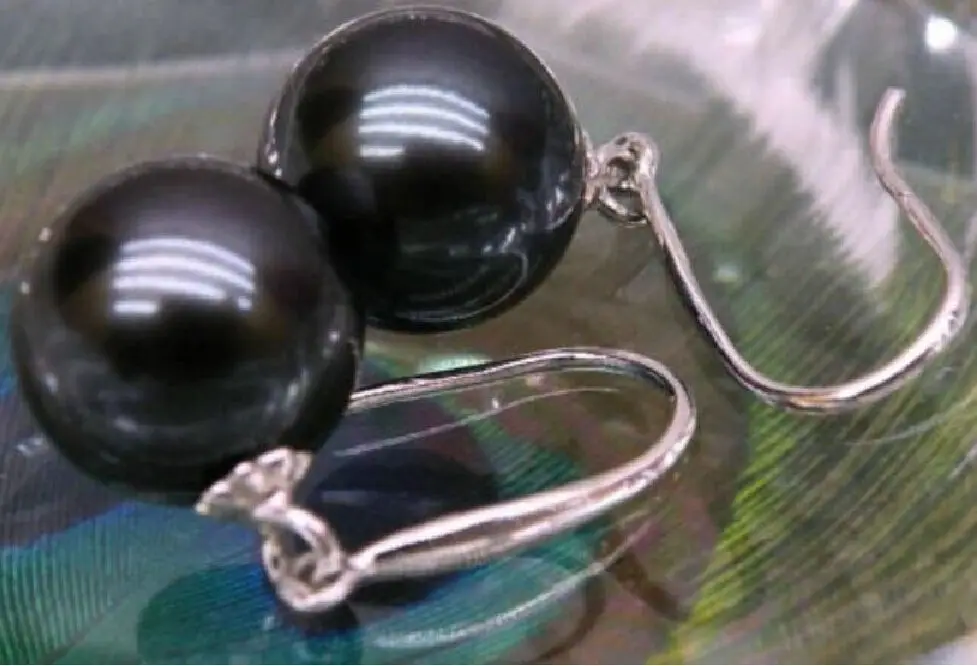 

NATURAL ROUND BLACK 10-11MM AAA TAHITIAN PEARL EARRING WHITE GOLD HOOK