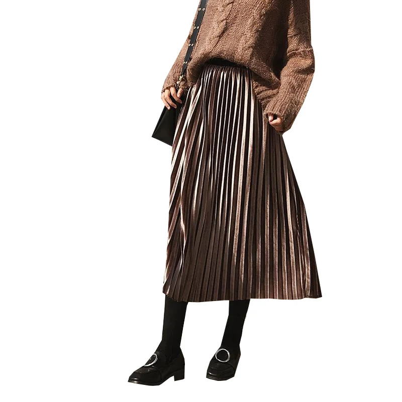 

2017 New Vintage High Waist Long Velvet Skirts Spring Summer Women Skirts Female Elegant Slim Party Midi Pleated Skirt AB220
