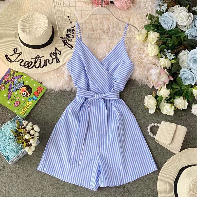 

NiceMix 2019 Summer V Neck Striped Rompers Sexy Vacation Beach Spaghetti Strap Playsuits Vintage Black Blue Beige Sashes Women J