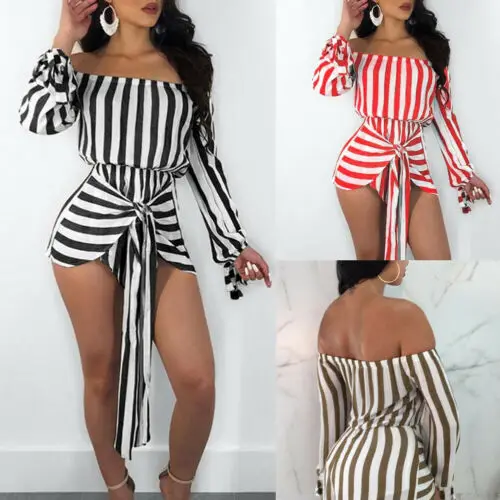 Summer New Sexy Women Ladies Long Sleeve Off Shoulder Striped Shorts Mini Playsuits Party Club Female Clothing | Женская одежда
