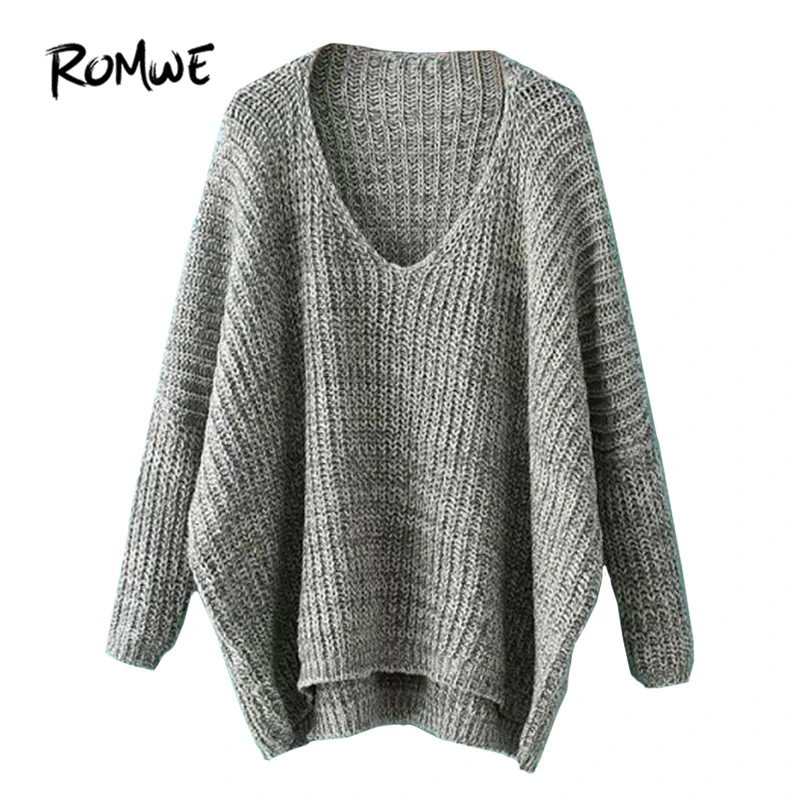 

ROMWE Womens Casual Loose Pullovers For Autumn Ladies Plain V Neck Long Batwing Sleeve Dip Hem Oversized Sweater