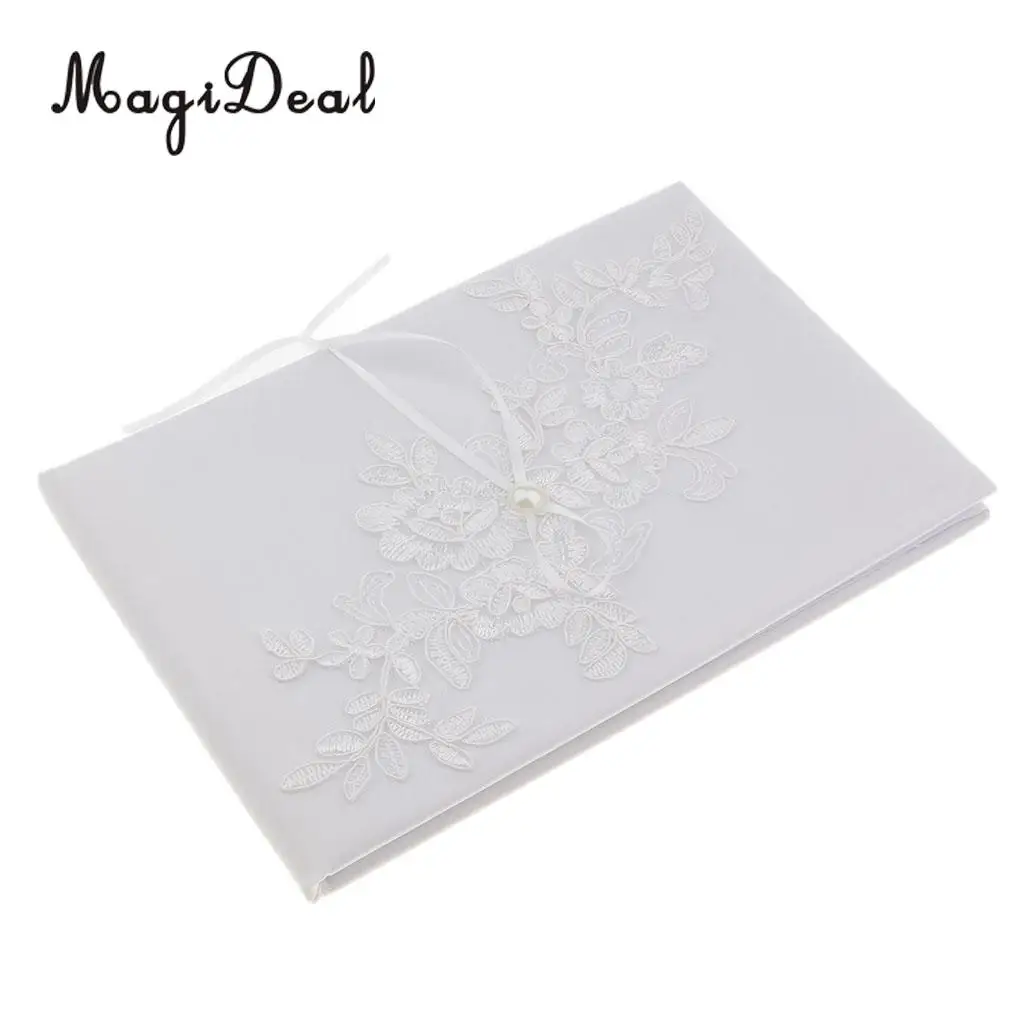MagiDeal Wedding Ceremony Party Signature Guest Book Pearls Lace Flower Applique Guestbook
