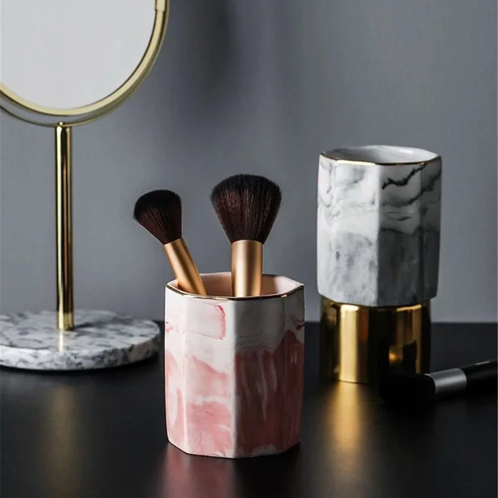 

European Marble Grain Ceramic Makeup Brush Storage Jar Nordic Cosmetic Tool Storage Cup Office Desktop Decoration Pen Holder