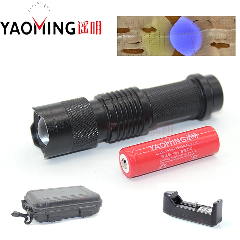 

Zoomable 365nm UV flashlight Ultraviolet LED Flashlight Ultra Violet Torch Lamp Blacklight Protable Linternas with 14500 Charger
