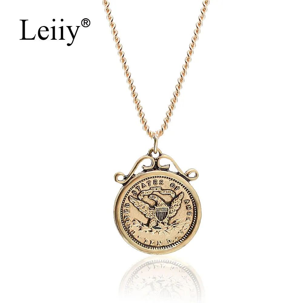 Leiiy Jewellery Gold Цвет металла длинной цепи Винтаж Большая печать кулон Соединенные