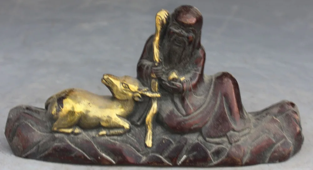 

Chinese Fengshui Bronze Gilt Longevity God Shouxing Hold Peach Cane Deer Statue