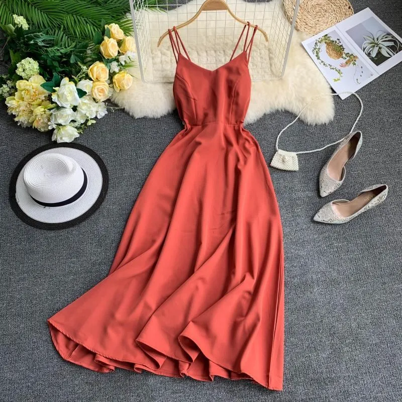 

2019 Sexy Spaghetti Strap Long Dress A-Line Women Summer Deep V Neck Backless Solid Dresses Vintage Maxi Dress Robe Vestidos