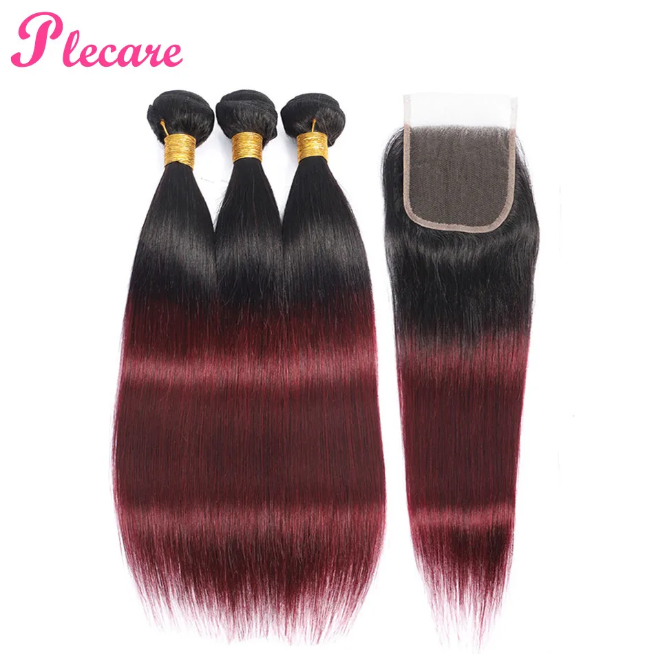 

Plecare Brazilian Bundles With Closure Peruvian Straight 100% Human Hair Weave 3 Bundles With Closure T1B-99 Non Remy Extensions