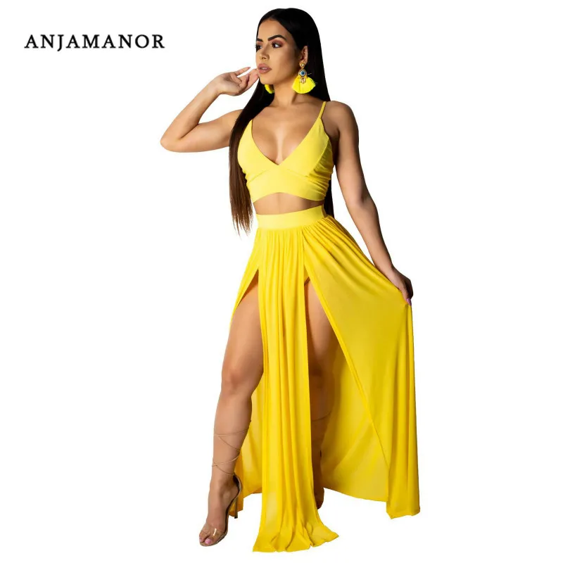 ANJAMANOR الأصفر الشيفون مثير 2 قطعة مجموعة المرأة اثنين من قطعة ملابس الشاطئ ملابس الصيف مطابقة مجموعات تنورة وأعلى محصول D48-AE24 ANJAMANOR الأصفر الشيفون مثير 2 قطعة مجموعة المرأة اثنين من قطعة ملابس الشاطئ ملابس الصيف مطابقة مجموعات تنورة وأعلى محصول D48-AE24