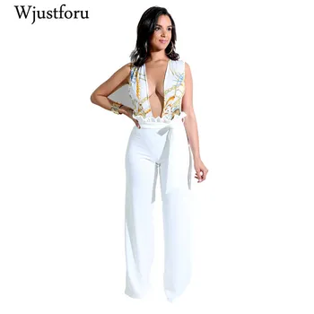 

Wjustforu Elegant Sexy Jumpsuits Women Casual Wide Leg Jumpsuits Deep V Sellveless Slim Bodycon Jumpsuit High Mid Waist Female