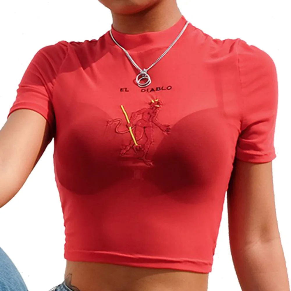 

New Arrival Transparent Mesh Red Print Tops Women Sexy Short Sleeve Party Crop Tees T Shirt Camiseta Dropshipping