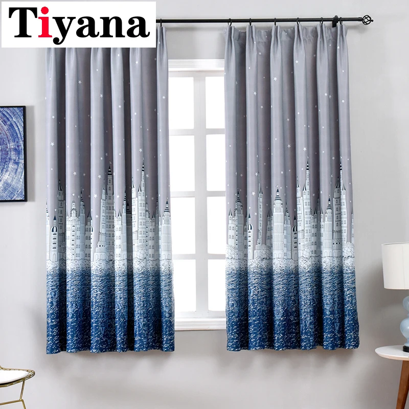 

Tiyana Curtain For Living Room Children Bedroom Gery Blue Cartoon Sea Castle Printed Blackout Kids Curtains Cortinas PC09X