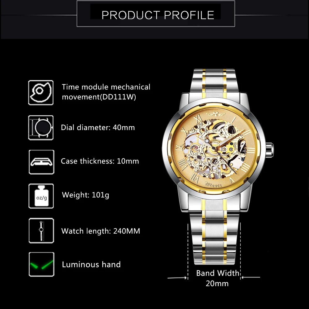 WINNER Golden Watches Men Skeleton Mechanical Watch Stainless Steel Strap Top Brand Luxury T-WINNER Classic Wristwatch 17 COLORs