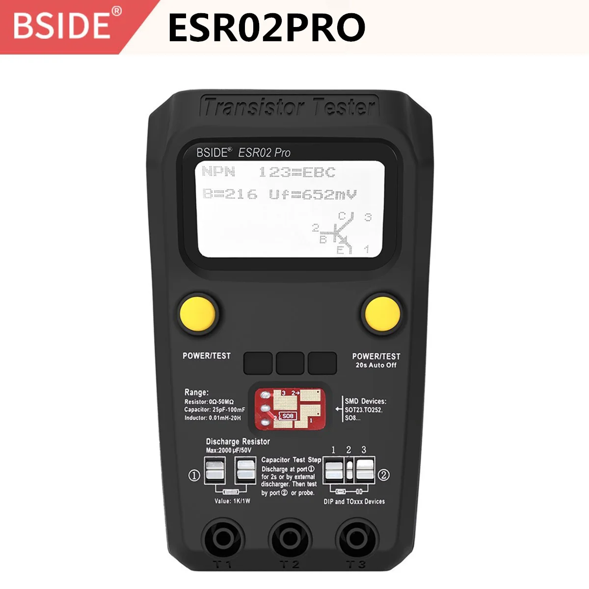 BSIDE ESR02PRO Цифровой транзистор SMD компоненты тестер Диод Триод Емкость индуктивность мультиметр ESR метр - Цвет: ESR02PRO-BLACK