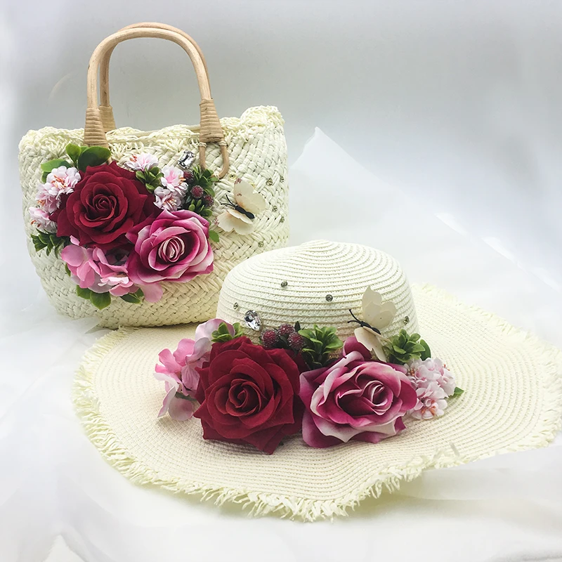 

Handbags For Travel Beach Trip Straw Bags With Flowers Stone Butterfly Applique Special Personalized Women Bags