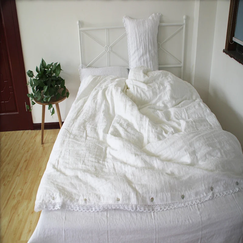 Lace Washed White Linen Bedding Set Queen Linen Duvet Cover Set