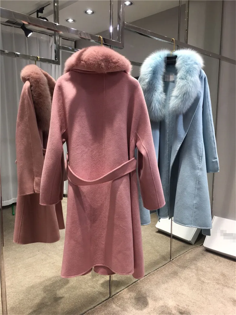Korea style female x-long loose wool trench coat with real fox fur collar soft double-side wool outwear with belt for women