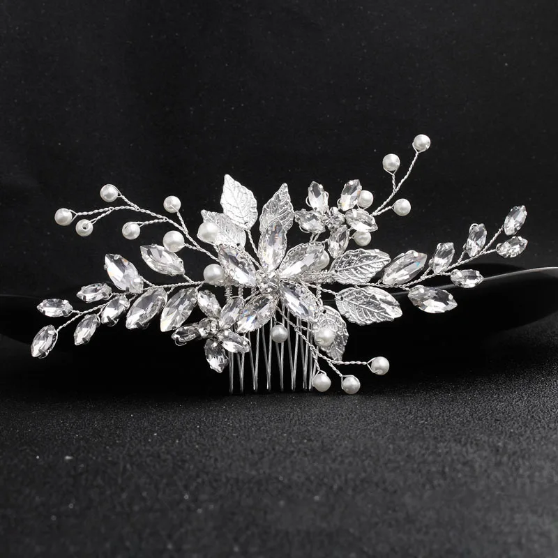 

SLBRIDAL Handmade Silver Alloy Clear Crystal Rhinestone Flower Wedding Hair Comb Bridal Headdress Hair Accessories Women Jewelry