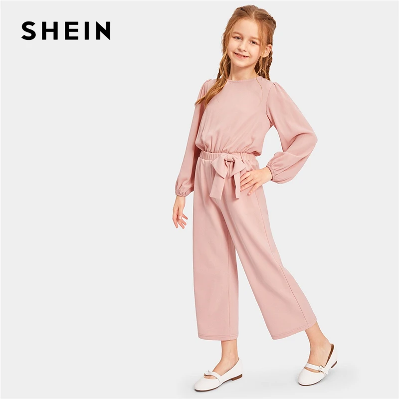 

SHEIN Kiddie Pink Solid Zipper Back Bow Waist Casual Jumpsuit Teenager 2019 Autumn Long Sleeve Wide Leg Cute Jumpsuits For Girls